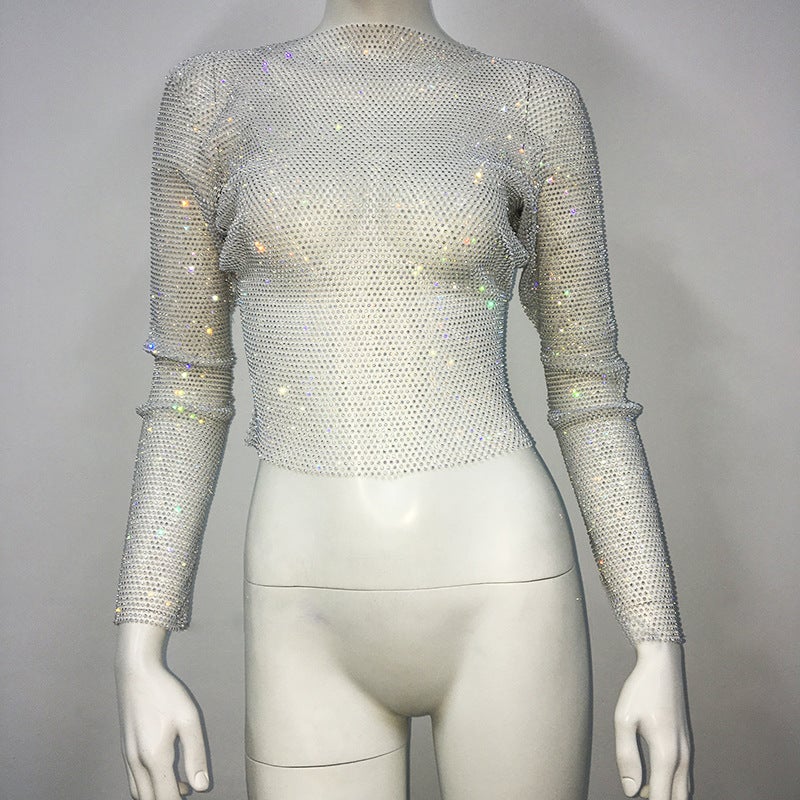 hot selling and light luxury high-grade rhinestone fishing net round neck long sleeve T-shirt trendy fashion Diamond top for women - Image 1