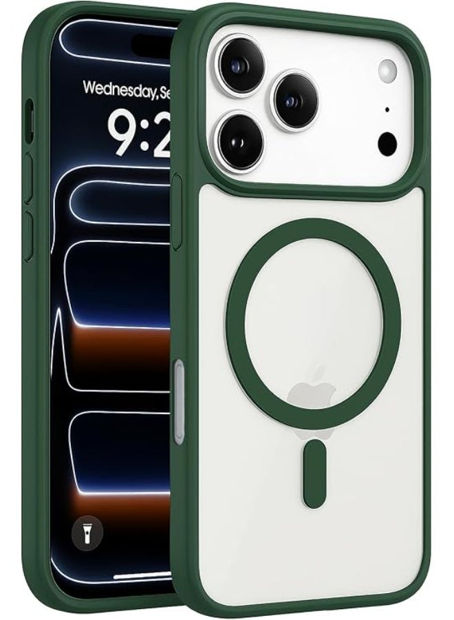 جراب مغناطيسي لهاتف iPhone 17 Pro Max مقاس 6.9 بوصة متوافق مع MagSafe، غطاء ممتص للصدمات للهاتف، إطار TPU غير لامع بلون سادة، ظهر شفاف مضاد للخدش (أخضر) - Image 1