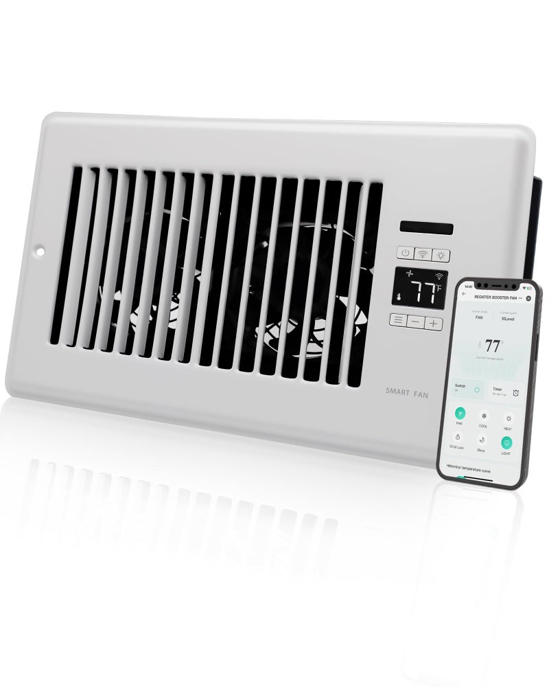 Howeall Super Quiet Register Booster Fan for 6" x 10" Register Holes, Smart Register Vent with Dual Intelligent Thermostat and WIFI App Control, Heating Cooling AC Vent Fan (White) - Image 1