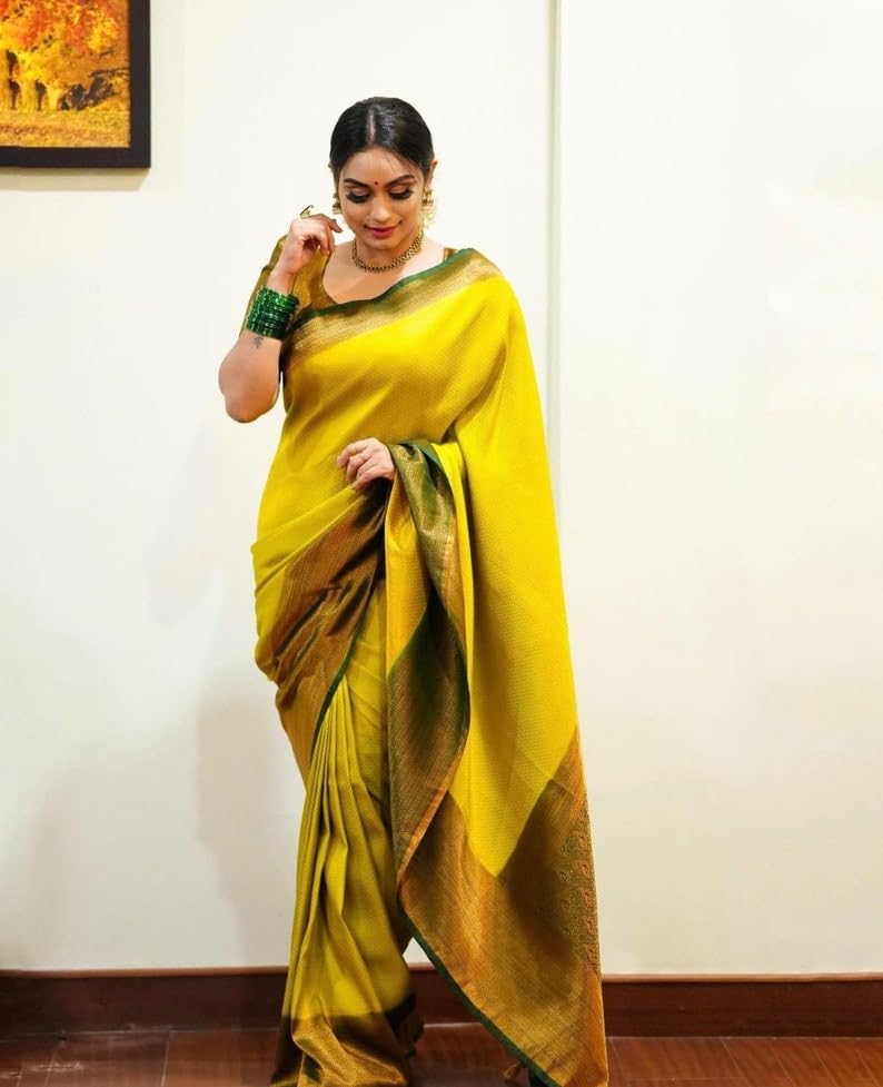 C J Enterprise Women's Pure Banarasi Sarees Kanjivaram Silk Saree Soft Design Wear Pattu Sarees Party Latest Cotton With Blouse Piece For Wedding Sadi New 2024 2025 (Devratna-51) (Yellow Green) - Image 4