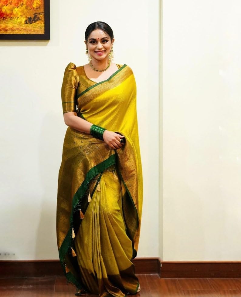 C J Enterprise Women's Pure Banarasi Sarees Kanjivaram Silk Saree Soft Design Wear Pattu Sarees Party Latest Cotton With Blouse Piece For Wedding Sadi New 2024 2025 (Devratna-51) (Yellow Green) - Image 5