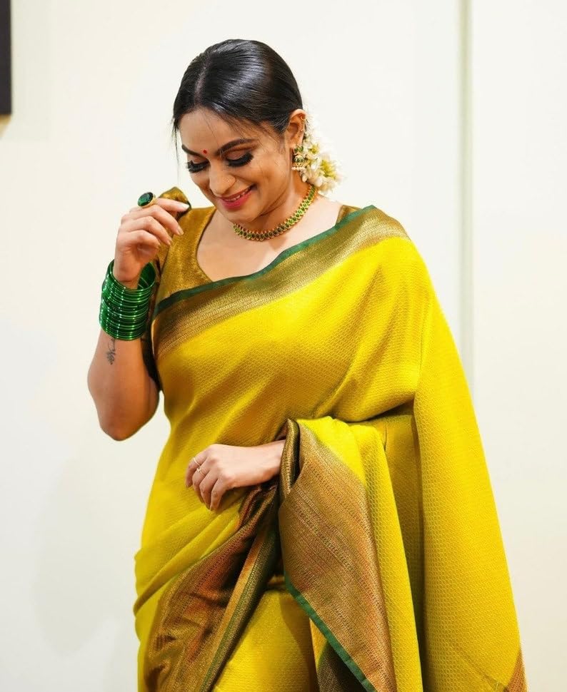 C J Enterprise Women's Pure Banarasi Sarees Kanjivaram Silk Saree Soft Design Wear Pattu Sarees Party Latest Cotton With Blouse Piece For Wedding Sadi New 2024 2025 (Devratna-51) (Yellow Green) - Image 3