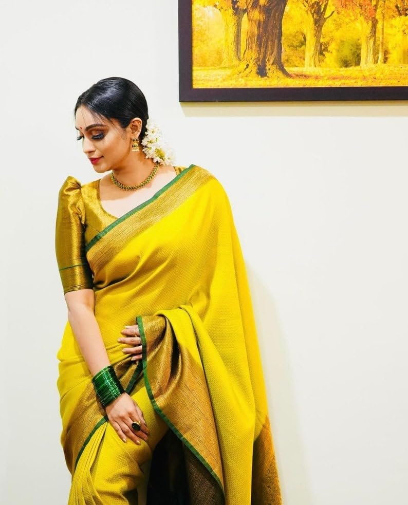 C J Enterprise Women's Pure Banarasi Sarees Kanjivaram Silk Saree Soft Design Wear Pattu Sarees Party Latest Cotton With Blouse Piece For Wedding Sadi New 2024 2025 (Devratna-51) (Yellow Green) - Image 2