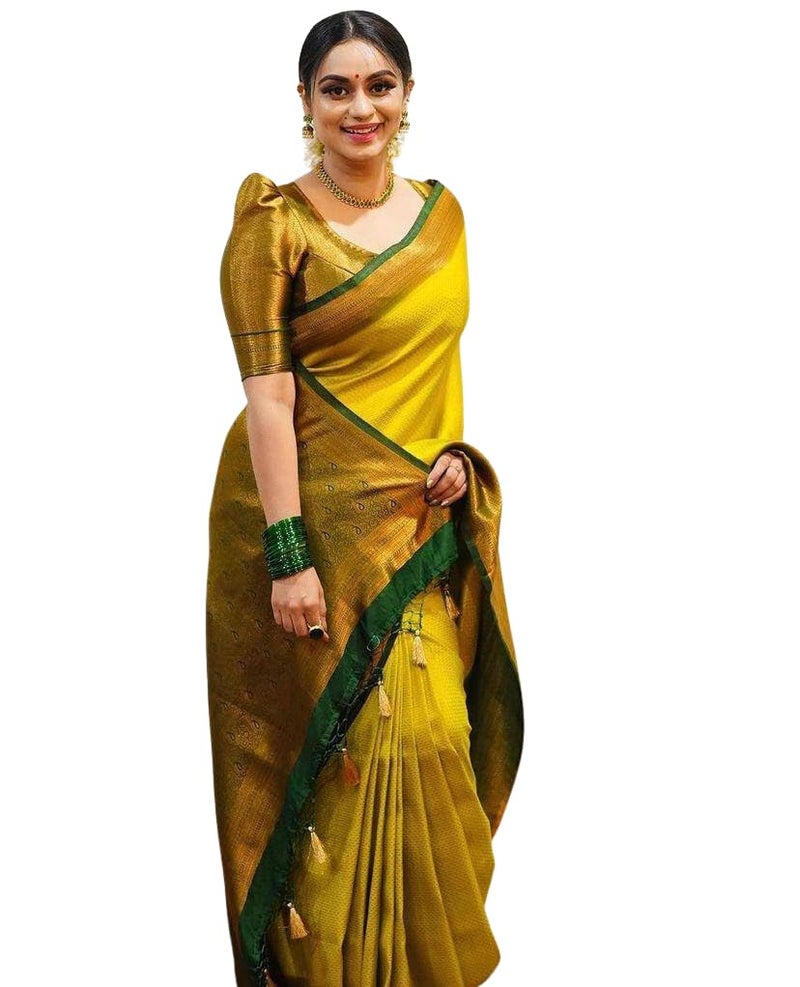 C J Enterprise Women's Pure Banarasi Sarees Kanjivaram Silk Saree Soft Design Wear Pattu Sarees Party Latest Cotton With Blouse Piece For Wedding Sadi New 2024 2025 (Devratna-51) (Yellow Green) - Image 1