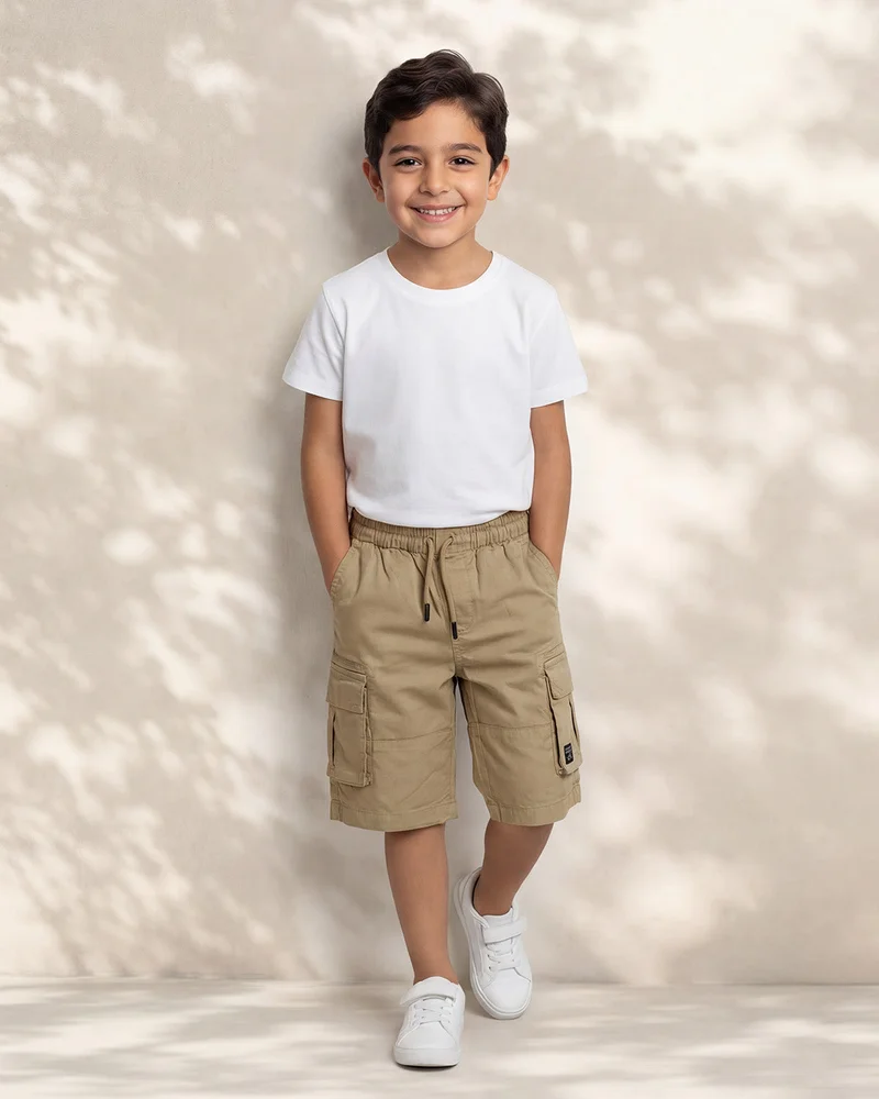 Redtag Boys Tan Cargo Pocket Pullon Shorts