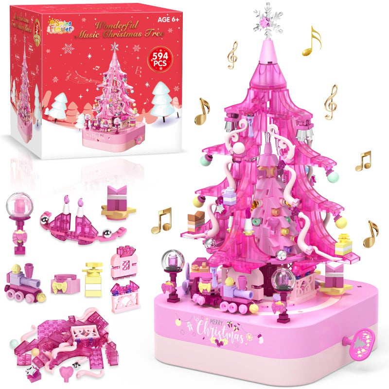 spring flower SpringFlower Christmas Tree Building Block Set Rotating Music Box Christmas Tree for Boys Girls Adults Xmas Gifts Decorations for Kids Adults Teens Pink 594 PCS - Image 3