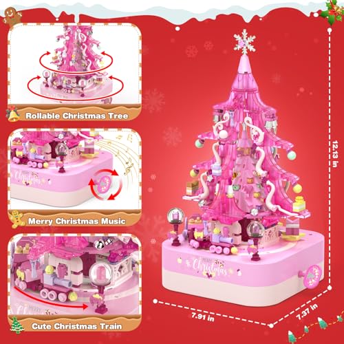 spring flower SpringFlower Christmas Tree Building Block Set Rotating Music Box Christmas Tree for Boys Girls Adults Xmas Gifts Decorations for Kids Adults Teens Pink 594 PCS - Image 5