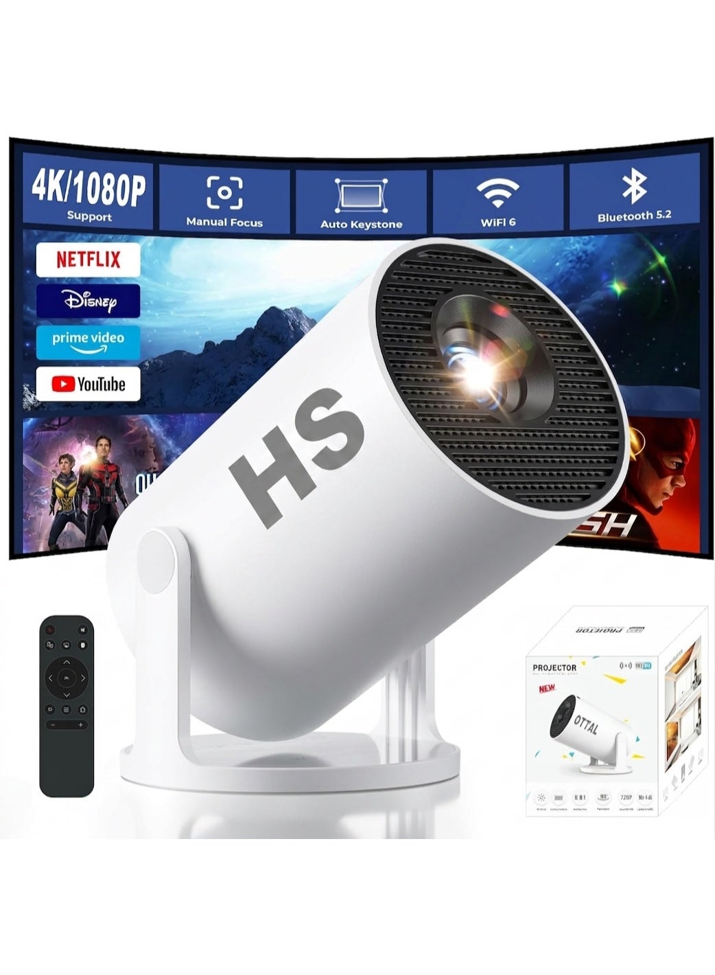 HS New Upgraded HY300 Pro+ Mini Projector with WiFi and Bluetooth Built in Apps, Smart Portable Projector with 180° Rotation, Auto Keystone, Support 4K, Compatible with HDMI/USB/TV Stick/phone/Laptop