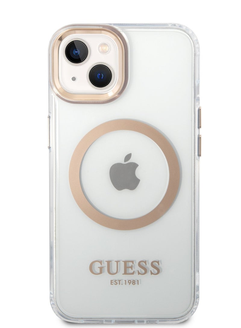 GUESS iPhone 14 Plus Case MagSafe Compatibility Transparent Outline Back Cover / Bumper and Scratch Protection / Slim Profile / Easy Snap-On - Gold - Image 1