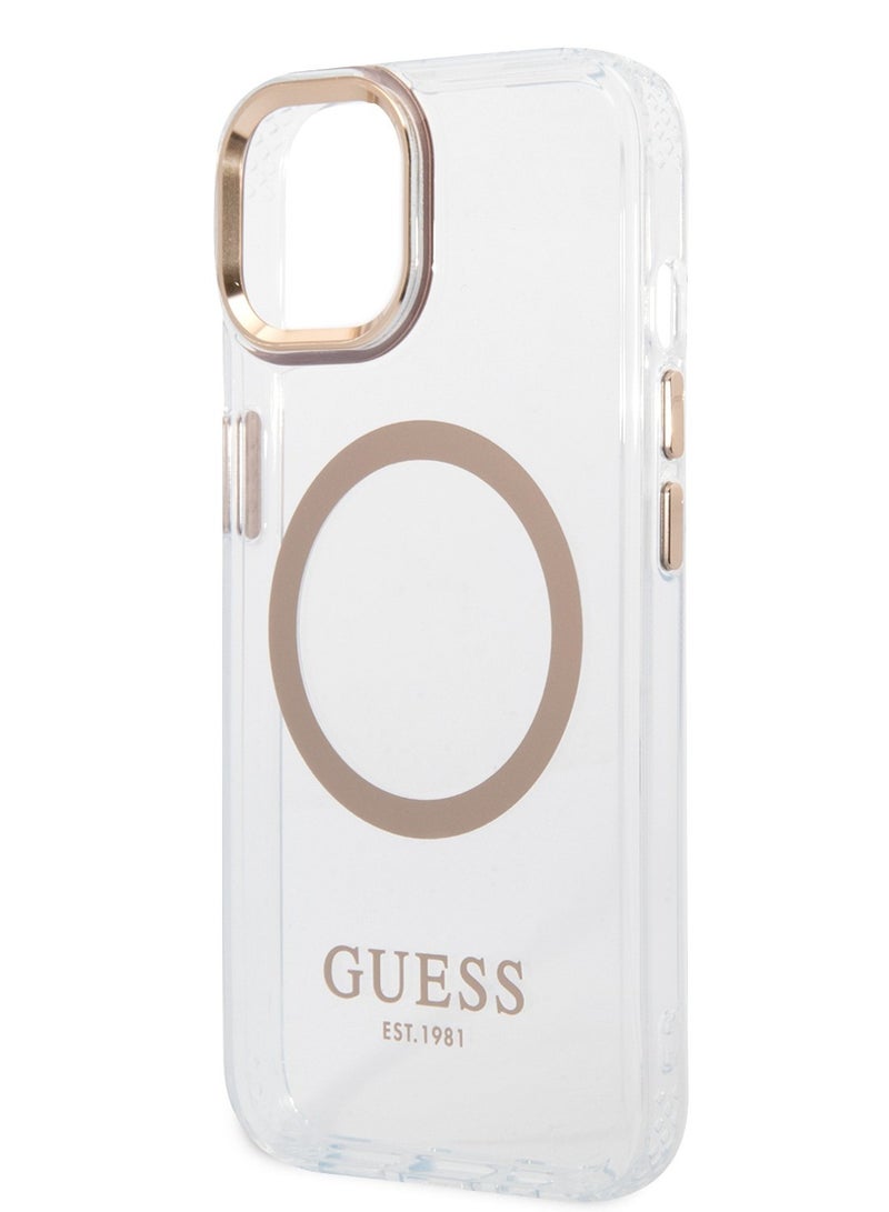 GUESS iPhone 14 Plus Case MagSafe Compatibility Transparent Outline Back Cover / Bumper and Scratch Protection / Slim Profile / Easy Snap-On - Gold - Image 4
