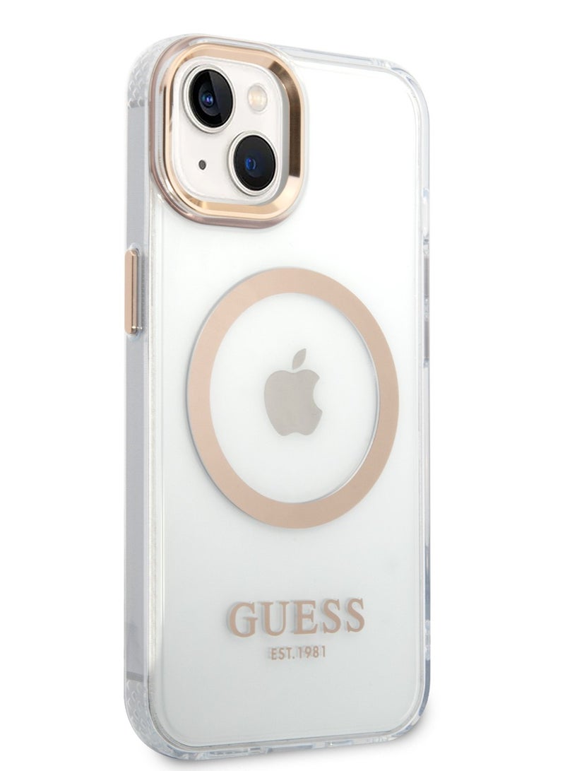 GUESS iPhone 14 Plus Case MagSafe Compatibility Transparent Outline Back Cover / Bumper and Scratch Protection / Slim Profile / Easy Snap-On - Gold - Image 3