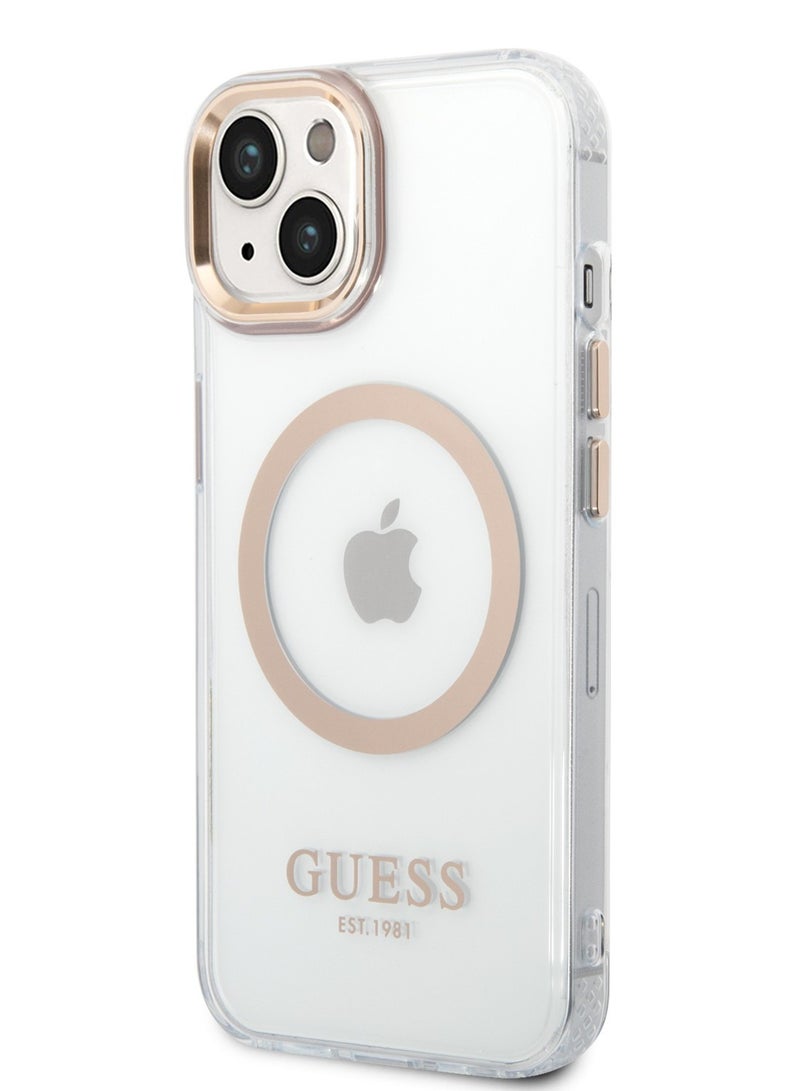 GUESS iPhone 14 Plus Case MagSafe Compatibility Transparent Outline Back Cover / Bumper and Scratch Protection / Slim Profile / Easy Snap-On - Gold - Image 2