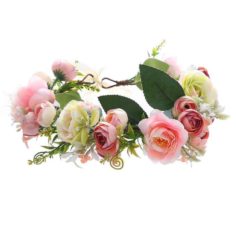Wedding Flower Crown Flower Garland Headband Hair Wreath Floral Headpiece Halo Boho with Ribbon Party Prom Photos Pink