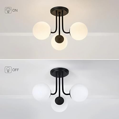 twixle Spanish Modern Metal Ceiling Light Hanging Lamp Chandelier, 3 Light Glass White Globe, Black Semi Flush Mount, for Living Room, Dining Room, Bedroom (Without Bulb) - Image 3