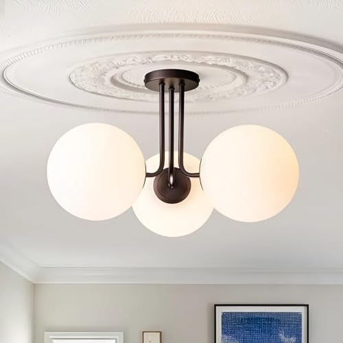 twixle Spanish Modern Metal Ceiling Light Hanging Lamp Chandelier, 3 Light Glass White Globe, Black Semi Flush Mount, for Living Room, Dining Room, Bedroom (Without Bulb) - Image 5