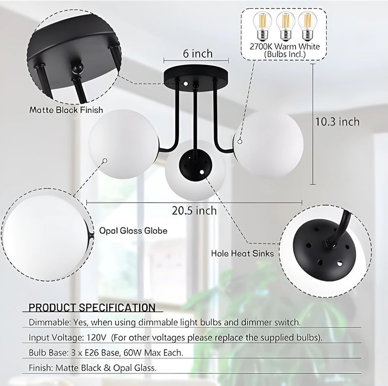 twixle Spanish Modern Metal Ceiling Light Hanging Lamp Chandelier, 3 Light Glass White Globe, Black Semi Flush Mount, for Living Room, Dining Room, Bedroom (Without Bulb) - Image 4