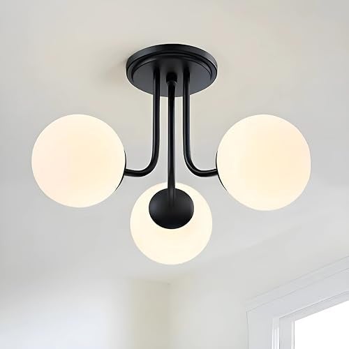 twixle Spanish Modern Metal Ceiling Light Hanging Lamp Chandelier, 3 Light Glass White Globe, Black Semi Flush Mount, for Living Room, Dining Room, Bedroom (Without Bulb) - Image 1