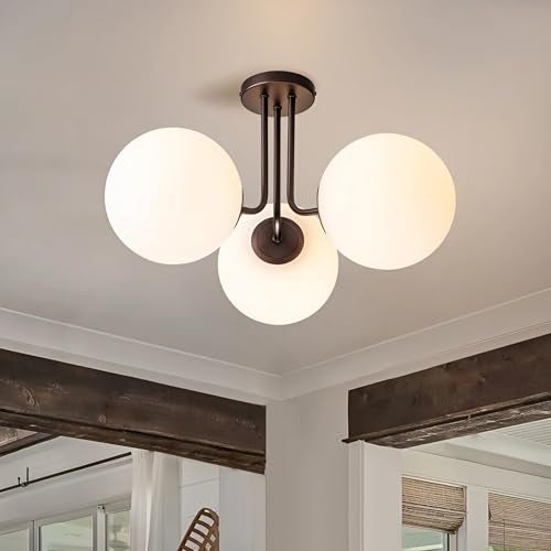 twixle Spanish Modern Metal Ceiling Light Hanging Lamp Chandelier, 3 Light Glass White Globe, Black Semi Flush Mount, for Living Room, Dining Room, Bedroom (Without Bulb) - Image 2