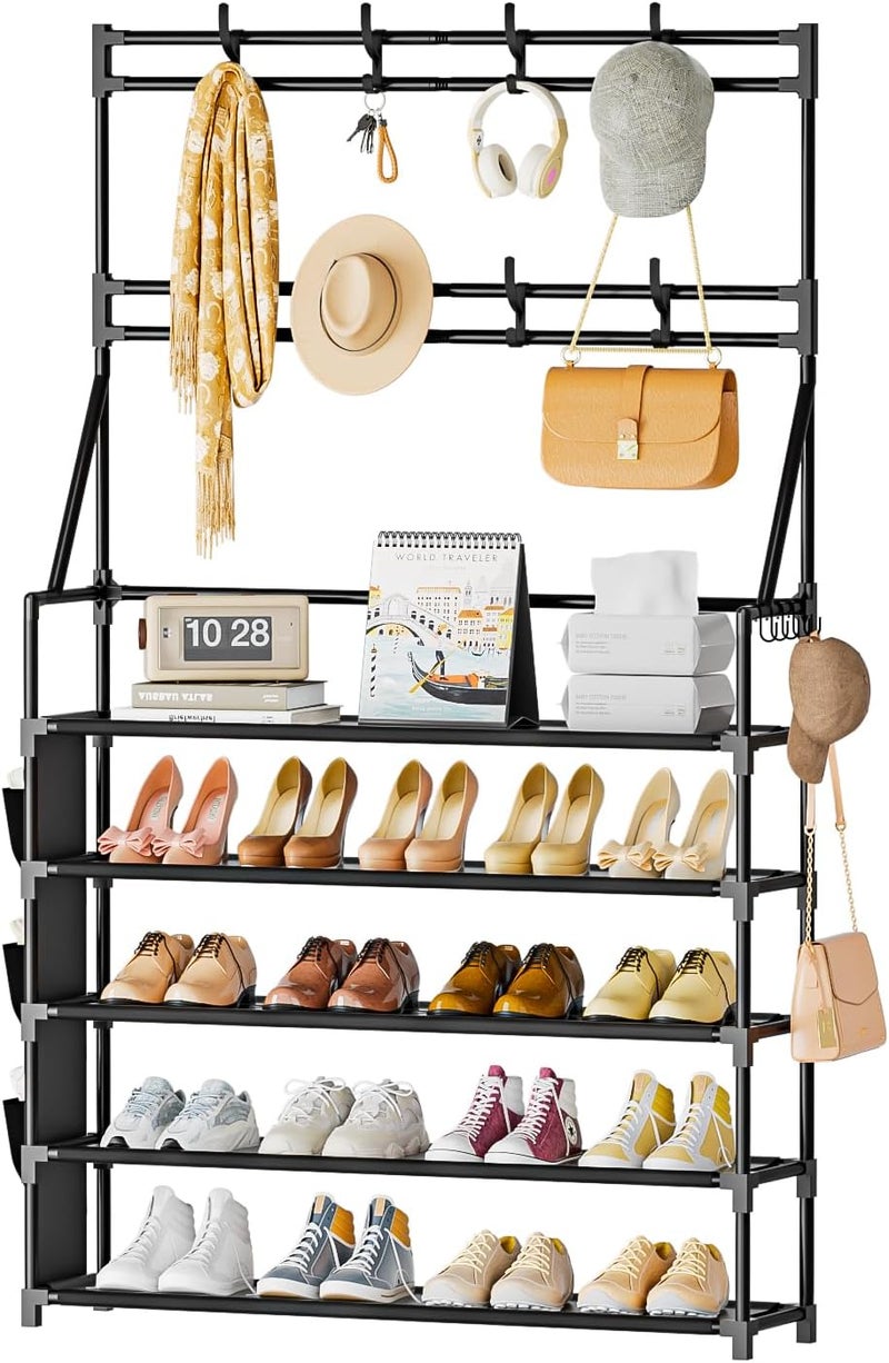 OYREL Shoe Rack 5 Tier Shoe Racks Organizer 20-25 Pairs Shoes Rack for Closet Entrance Shoe Storage Organizer with Hooks and Side Pocket Entryway Shoe Holder Space Saving Free Standing Shoe Racks - Image 1