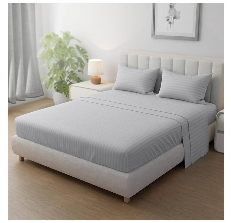 Livenza Home Stripe 3 Pcs Set- 1 x Fitted Sheet 160 x 200cm with 2 x Pillow Case  Light Grey; Size: Queen - Image 1
