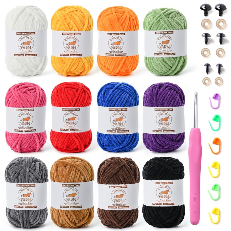 OMoiut 12 Pack Fluffy Velvet Yarn for Crocheting, Chunky Chenille Baby Yarn for Crocheting Soft Blanket, 787 yds Amigurumi Yarns for Knitting, Bulky Multicolored Crochet Yarns Set B - Image 1