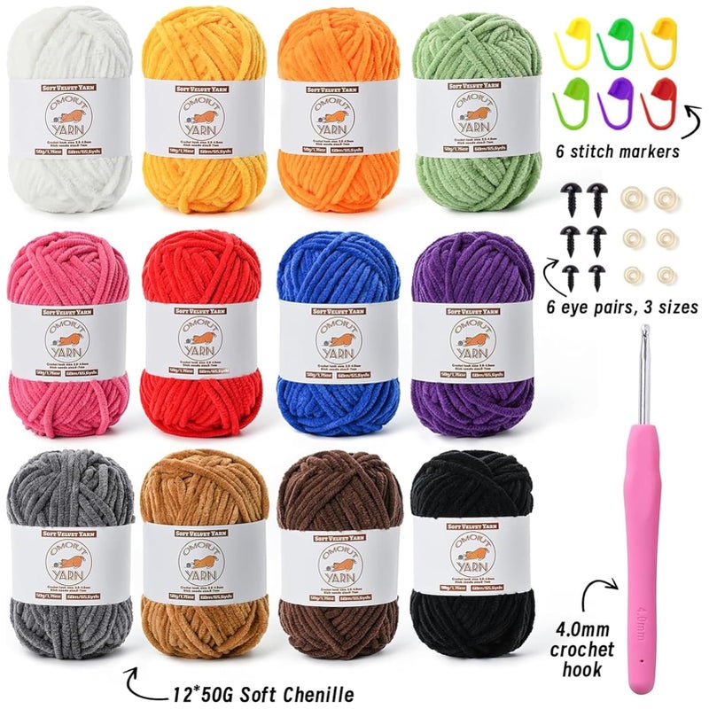 OMoiut 12 Pack Fluffy Velvet Yarn for Crocheting, Chunky Chenille Baby Yarn for Crocheting Soft Blanket, 787 yds Amigurumi Yarns for Knitting, Bulky Multicolored Crochet Yarns Set B - Image 2