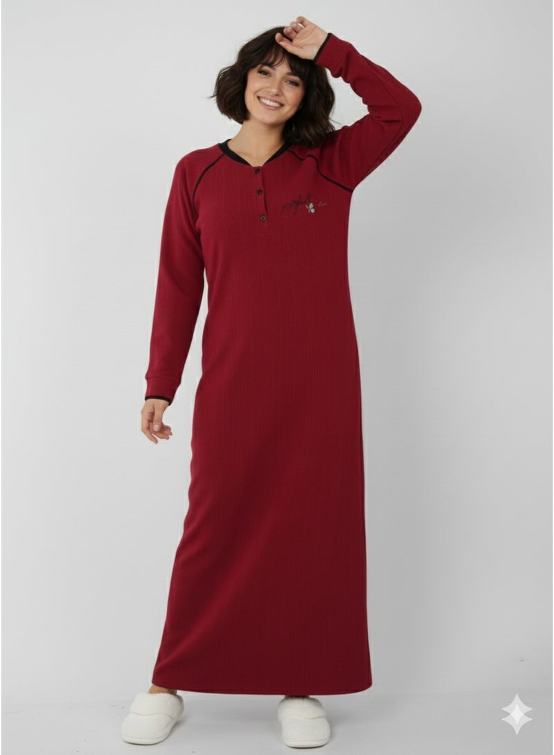 زيكوتكس  جلابية/فستان بيتي نسائي شتوي - خامة كشمير مضلعة دافئة - تصميم بكم طويل وياقة هنلي - أحمر نبيتي - مقاس M لـ 6XL - Image 1