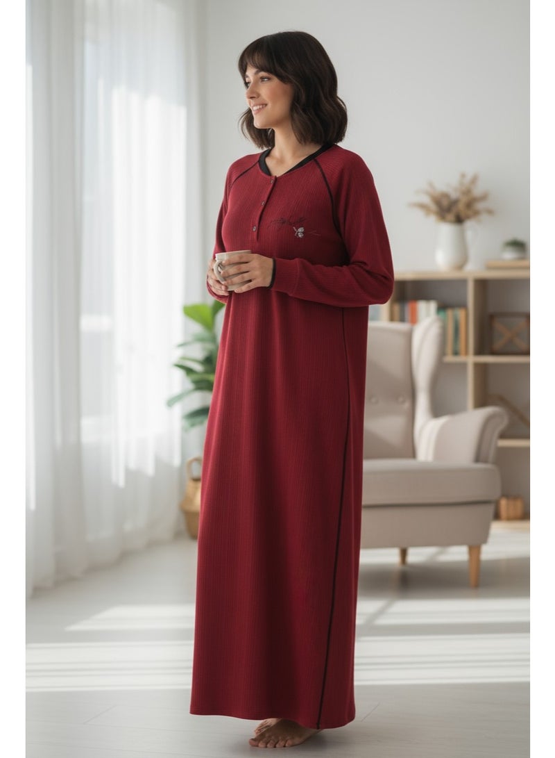 زيكوتكس  جلابية/فستان بيتي نسائي شتوي - خامة كشمير مضلعة دافئة - تصميم بكم طويل وياقة هنلي - أحمر نبيتي - مقاس M لـ 6XL - Image 5