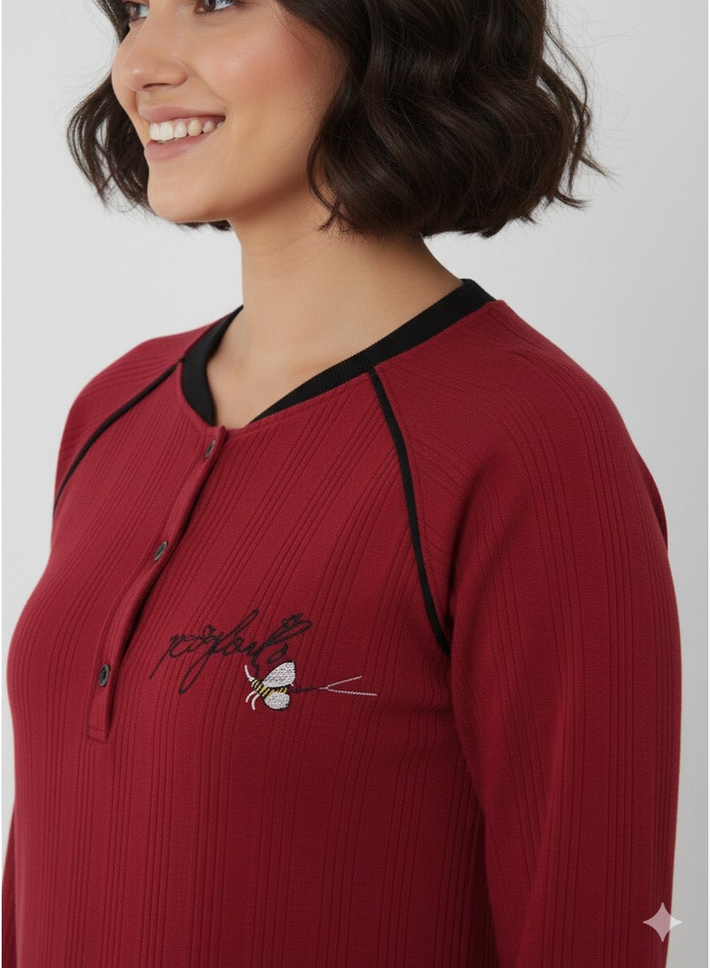 زيكوتكس  جلابية/فستان بيتي نسائي شتوي - خامة كشمير مضلعة دافئة - تصميم بكم طويل وياقة هنلي - أحمر نبيتي - مقاس M لـ 6XL - Image 3