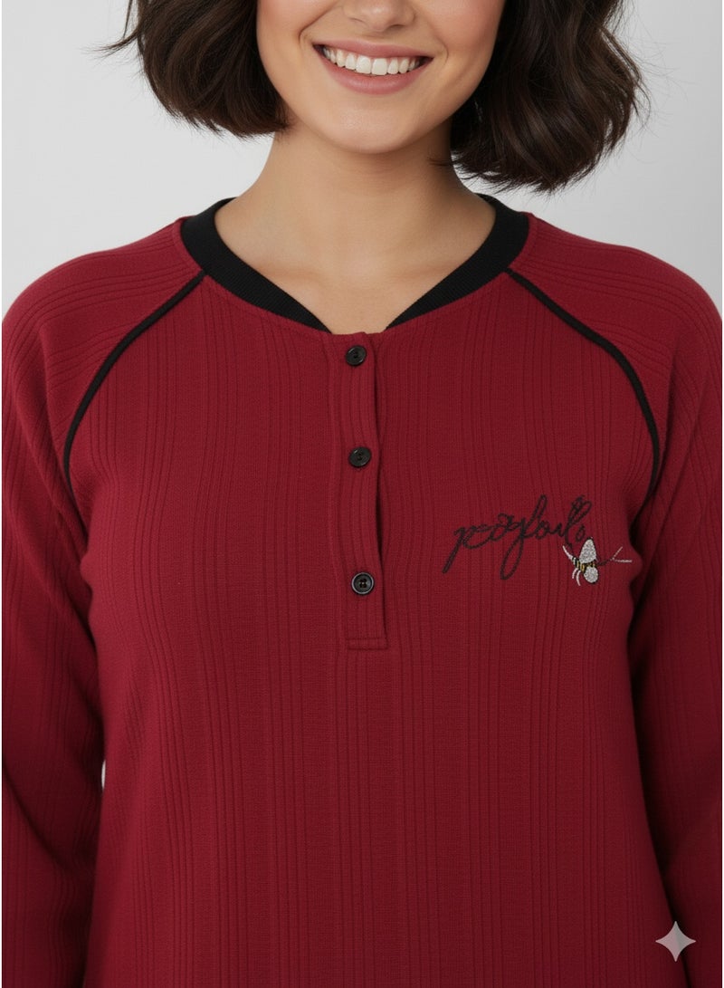 زيكوتكس  جلابية/فستان بيتي نسائي شتوي - خامة كشمير مضلعة دافئة - تصميم بكم طويل وياقة هنلي - أحمر نبيتي - مقاس M لـ 6XL - Image 2