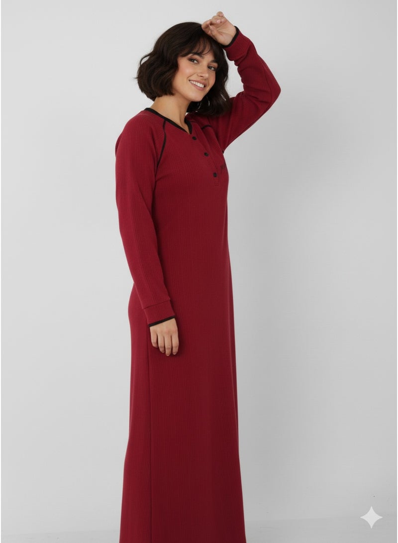 زيكوتكس  جلابية/فستان بيتي نسائي شتوي - خامة كشمير مضلعة دافئة - تصميم بكم طويل وياقة هنلي - أحمر نبيتي - مقاس M لـ 6XL - Image 4