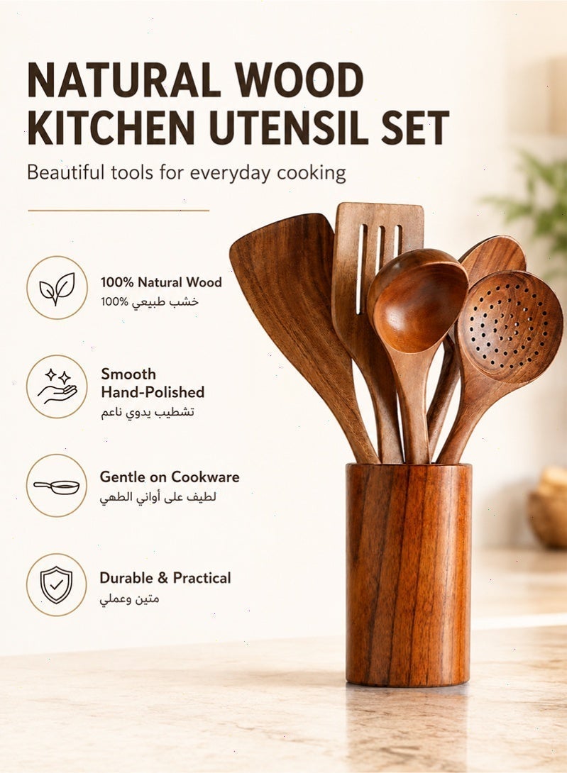 Topyich 6-Piece Wooden Kitchen Utensils Set with Holder, Natural Acacia Wood Cooking Tools, Heat Resistant Spoons & Spatulas for Non-Stick Cookware - Image 3