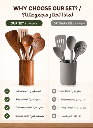 مجموعة أدوات مطبخ خشبية من 6 قطع مع حامل، أدوات طهي من خشب الأكاسيا الطبيعي، ملاعق وملاعق مسطحة مقاومة للحرارة لأواني الطهي المقاومة للالتصاق - view 5
