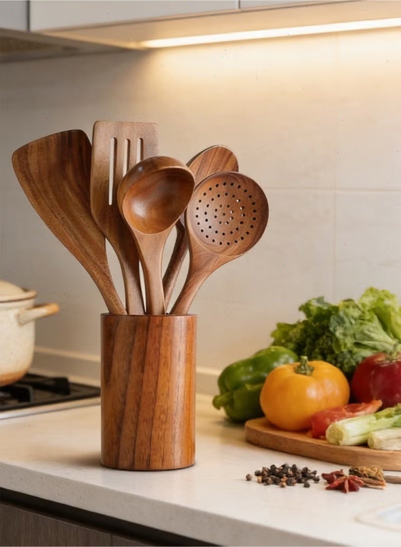 Topyich 6-Piece Wooden Kitchen Utensils Set with Holder, Natural Acacia Wood Cooking Tools, Heat Resistant Spoons & Spatulas for Non-Stick Cookware - Image 1