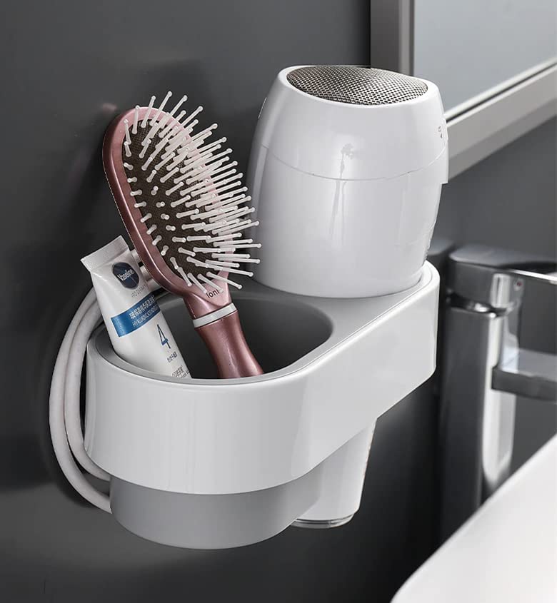 SKOFRI Hair Dryer Holder No Drilling Hair Dryer Holder Wall Mount Self Adhesive Hair Dryer Stand Station with ABS Storage Boxes and Cable Tidy Hair Dryer Rack Styling Tool Organizer - Image 1