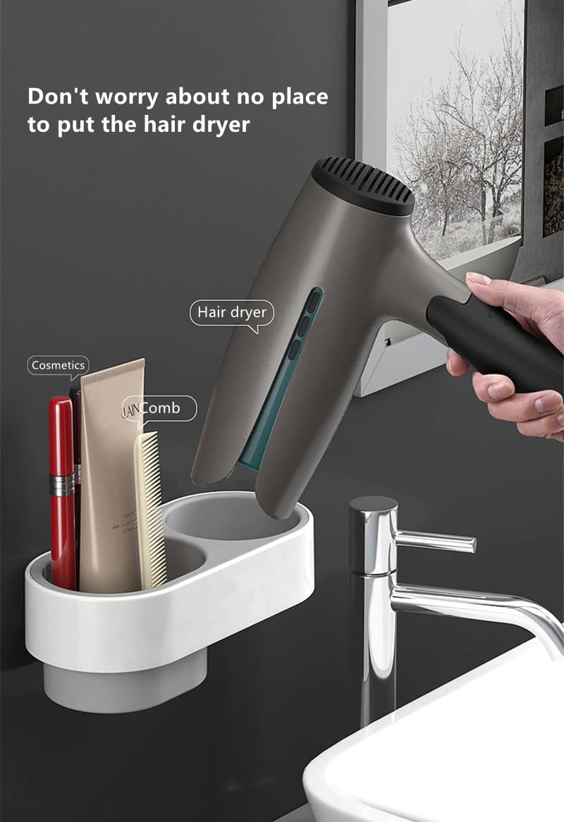 SKOFRI Hair Dryer Holder No Drilling Hair Dryer Holder Wall Mount Self Adhesive Hair Dryer Stand Station with ABS Storage Boxes and Cable Tidy Hair Dryer Rack Styling Tool Organizer - Image 5