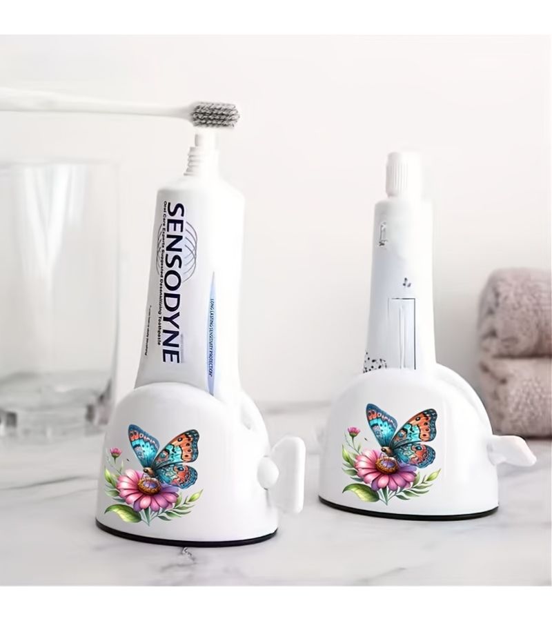 1pc Manual Toothpaste Dispenser No Waste Easy Squeeze Design Butterfly Flying Over Flowers Pattern Print Bathroom Organization For Toothpaste And Hair Dye - Image 3