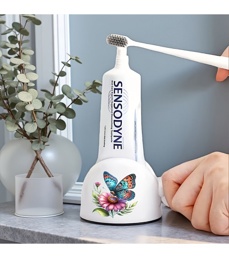 1pc Manual Toothpaste Dispenser No Waste Easy Squeeze Design Butterfly Flying Over Flowers Pattern Print Bathroom Organization For Toothpaste And Hair Dye - Image 1