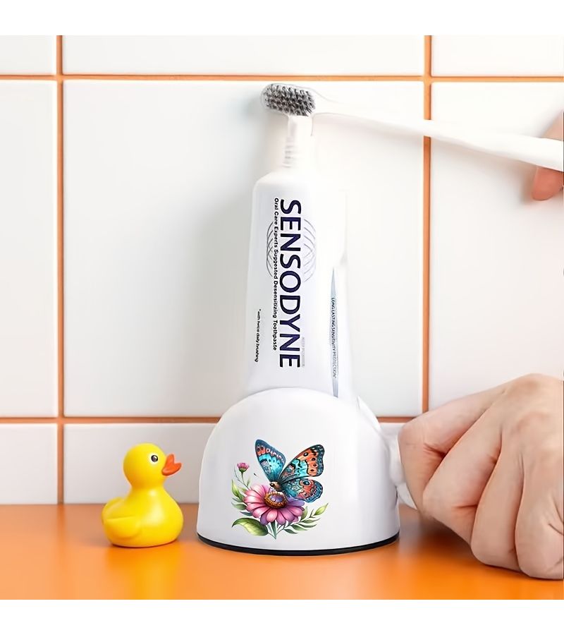 1pc Manual Toothpaste Dispenser No Waste Easy Squeeze Design Butterfly Flying Over Flowers Pattern Print Bathroom Organization For Toothpaste And Hair Dye - Image 5