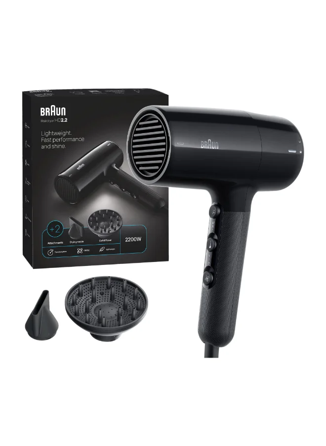 براون Hair Dryer Hd2.2 Light Weight, Fast Performance And Shine, 2200 Watts, 3 Heat Mode Plus Cool Shot Brhd225Sde - Ion Black.