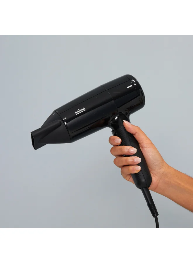 BRAUN Hair Dryer Hd2.2 Light Weight, Fast Performance And Shine, 2200 Watts, 3 Heat Mode Plus Cool Shot Brhd225Sde - Ion Black.