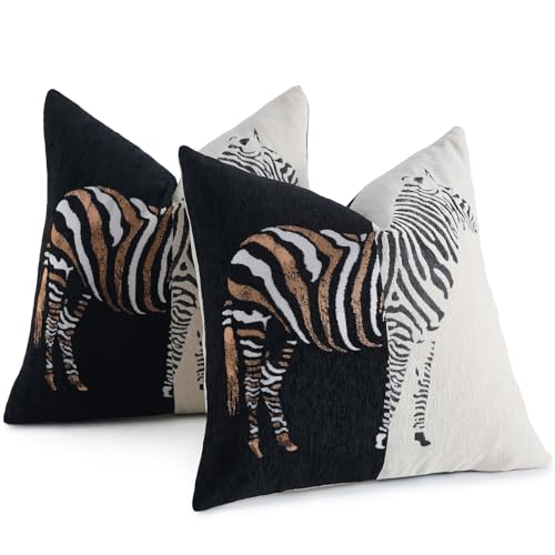 AmHoo Set of 2 Throw Pillow Covers Zebra Chenille Patchwork Decorative Pillows Cover Pillowcase for Sofa Couch Bed 18 x 18Inch Black - Image 3