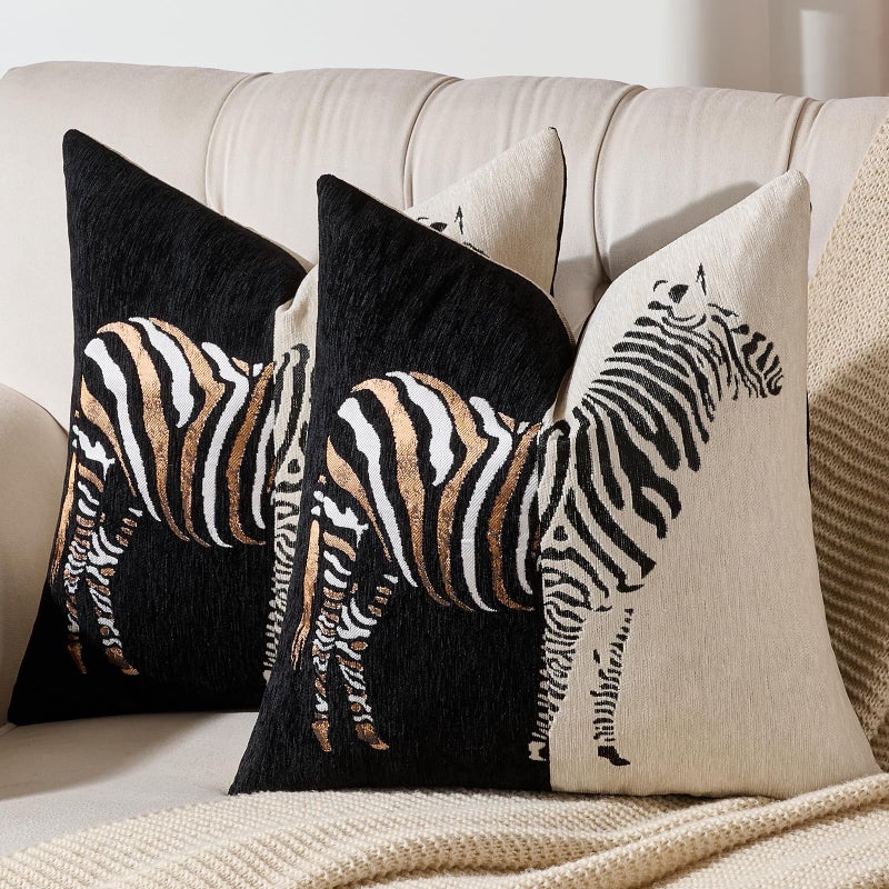 AmHoo Set of 2 Throw Pillow Covers Zebra Chenille Patchwork Decorative Pillows Cover Pillowcase for Sofa Couch Bed 18 x 18Inch Black - Image 2