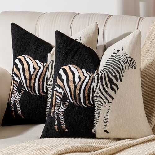 AmHoo Set of 2 Throw Pillow Covers Zebra Chenille Patchwork Decorative Pillows Cover Pillowcase for Sofa Couch Bed 18 x 18Inch Black - Image 1