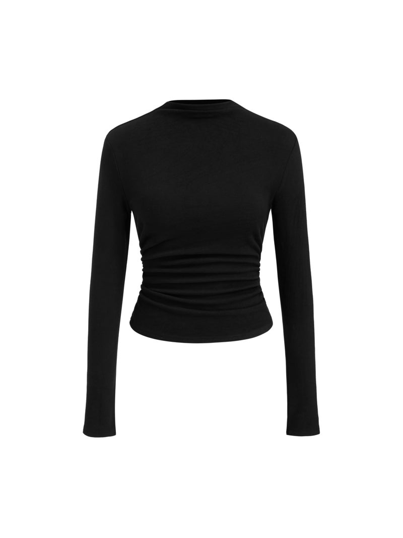 CIDER Mock Neck Tops for Women Thermal Shirts Long Sleeve Ruched Going Out Tops Basic Tee Slim Fit Fall Top: Black, L - Image 1
