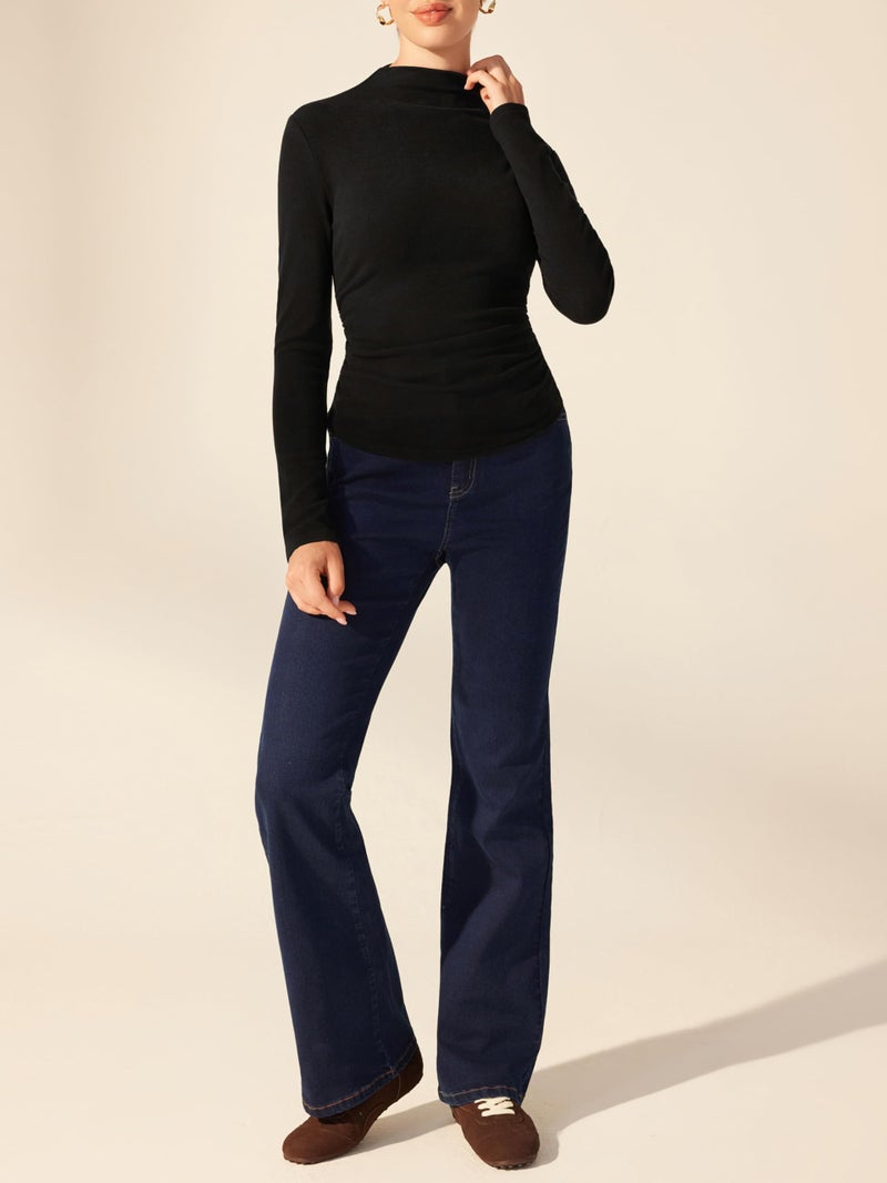 CIDER Mock Neck Tops for Women Thermal Shirts Long Sleeve Ruched Going Out Tops Basic Tee Slim Fit Fall Top: Black, L - Image 3