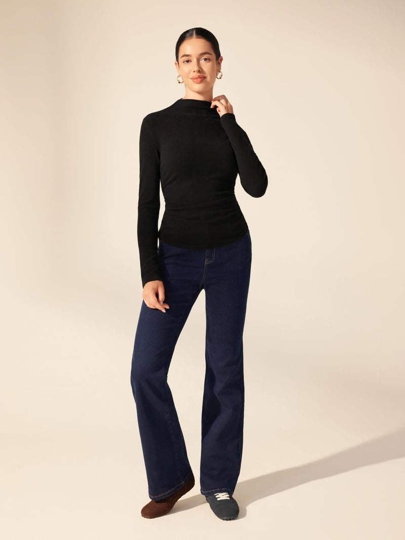 CIDER Mock Neck Tops for Women Thermal Shirts Long Sleeve Ruched Going Out Tops Basic Tee Slim Fit Fall Top: Black, L - Image 4