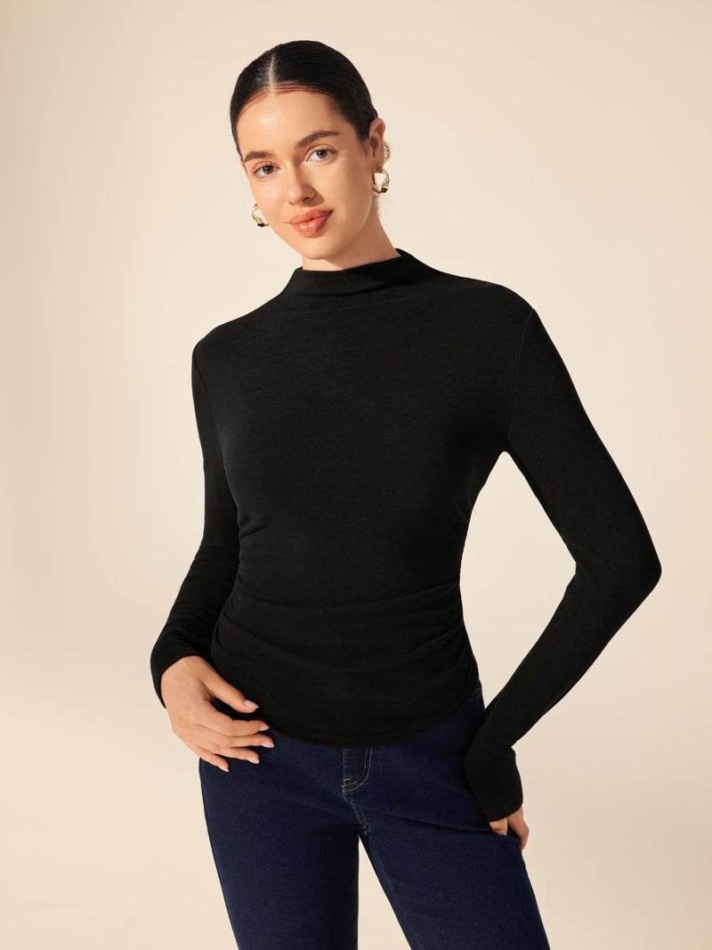 CIDER Mock Neck Tops for Women Thermal Shirts Long Sleeve Ruched Going Out Tops Basic Tee Slim Fit Fall Top: Black, L - Image 5