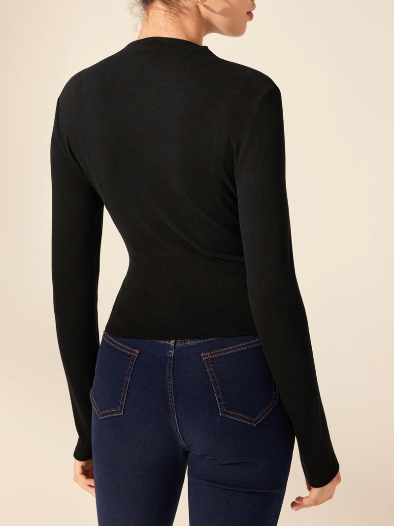 CIDER Mock Neck Tops for Women Thermal Shirts Long Sleeve Ruched Going Out Tops Basic Tee Slim Fit Fall Top: Black, L - Image 2