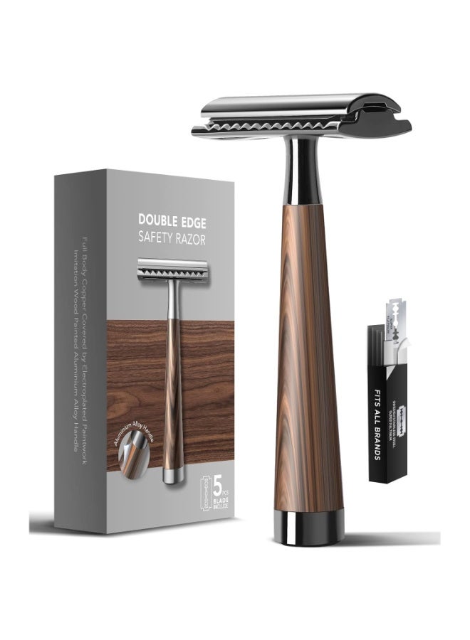 Double Edge Safety Razor | Faux Wood Zinc Alloy Handle | 5 Swiss Stainless Steel Blades | Heavy Duty Comfortable Shaving | Gift Packed - Image 1